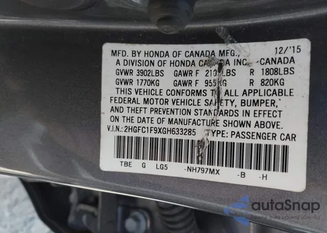 2016 Honda Civic Touring from USA, damaged, VIN 2HGFC1F9XGH633285